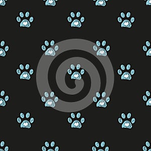 Cute blue doodle paw prints with hearts. Fabric design seamless pattern