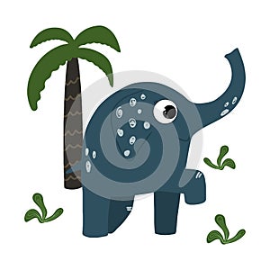 Cute blue elephant with a palm tree. Vector children`s illustration. Isolated on white