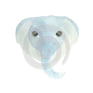 Cute blue elephant, wild animal isolated on white background. Watercolor illustration. A set OF ANIMAL FACES. Suitable