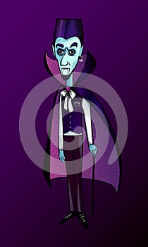 Cute blue face Vampire Dracula Halloween character in black and pink cape and with walking stick