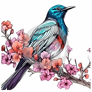 Cute blue fantasy bird sitting on tree branch with pink blossom in spring time. Magic bird on white background