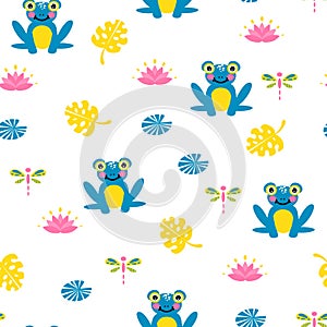 Cute blue frogs seamless vector pattern.
