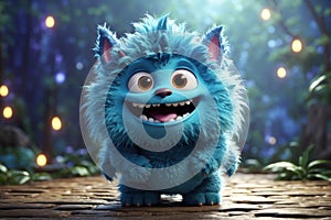Cute blue furry monster 3D cartoon character. ai generative