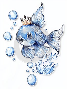 A cute blue goldfish with a golden crown and water bubbles