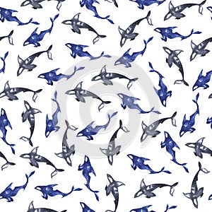 Cute blue and grey dolphin seamless pattern.