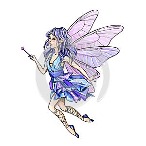 Cute blue hair fairy with pink wings and wand