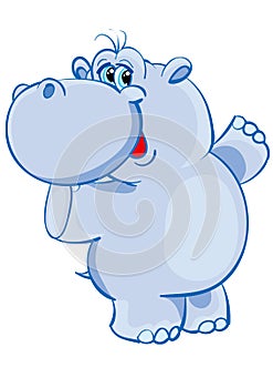 Cute blue hippo character is having fun dancing, isolated object on white background, vector illustration