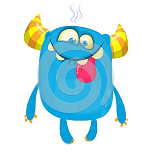 Cute blue and horned cartoon monster. Funny monster with smiling expression