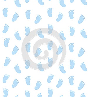 Cute Blue Little Baby Feet Vector Pattern. White Background. Baby Shower Theme.