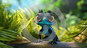 Cute Blue Lizard In Jungle: Photorealistic Rendering With Inventive Character Design