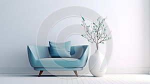 cute blue loveseat sofa or snuggle chair and pot with branch