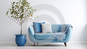 Cute blue loveseat sofa or snuggle chair and pot with plant.