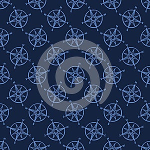 Cute blue maritime compass cartoon seamless vector pattern. Hand drawn cartography equipment tile