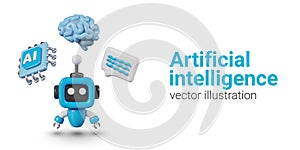 Cute blue mini robot, brain, processor with AI inscription, comment sign