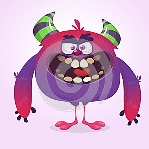 Cute blue monster cartoon with funny expression. Halloween vector illustration of fat furry troll or gremlin