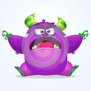 Cute blue monster cartoon with funny expression. Halloween vector illustration of fat furry troll or gremlin monster