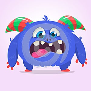 Cute blue monster cartoon with funny expression. Halloween vector illustration of fat furry troll or gremlin monster