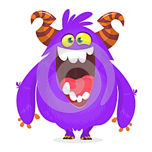 Cute blue monster cartoon with funny expression. Halloween vector illustration of fat furry troll or gremlin monster isolated.
