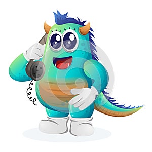 Cute blue monster pick up the phone, answering phone calls