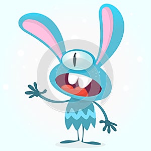Cute blue monster rabbit. Halloween vector bunny monster with one big eye presenting. Isolated on white