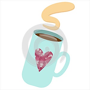 cute blue mug with aromatic hot coffee pink shiny heart vector element