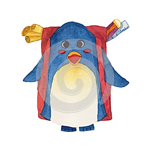 Cute Blue Penguin with Backpack Watercolor. Vector Illustration. isolated on White Background