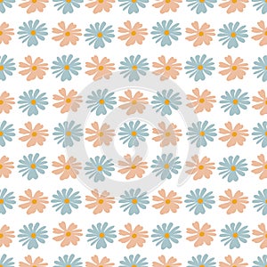 Cute blue and pink flowers checkered seamless pattern, boho floral background. Simple botanical vector illustration.