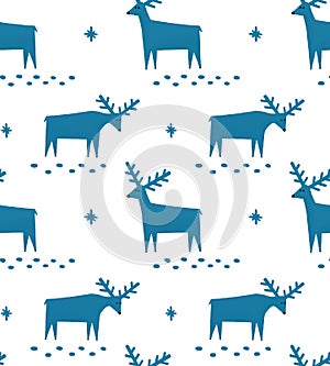 Cute blue reindeer pattern for winter holiday wrapping paper, fabric. Funny Christmas woodland deer animal background