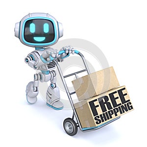 Cute blue robot with hand truck Free shipping concept 3D