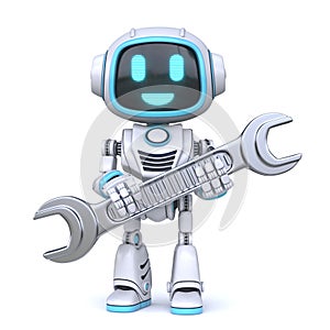 Cute blue robot holding wrench tool 3D