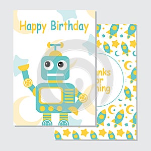 Cute blue robot on rocket background suitable for birthday invitation card