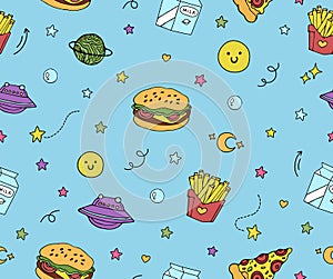 Cute blue seamless pattern with planets, pizza, hamburger,french fries ,milk and colorful stars.fast food