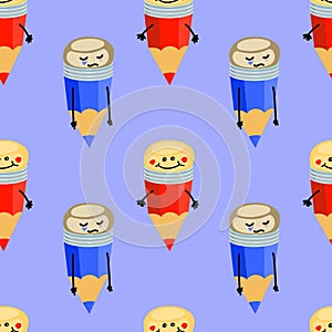 Cute blue seamless pattern with red blue pencils