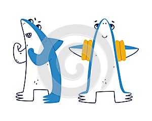 Cute Blue Shark as Sea Animal with Dorsal Fin with Rubber Armbands and Boxing Vector Set