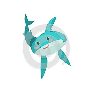 Cute blue shark cartoon characte with funny face vector Illustration on a white background