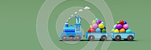 Cute blue train and wagons filled with colorful Easter eggs. Easter holiday concept on green background 3d render