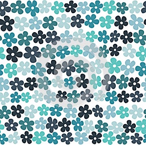 Cute Blue and Turquoise Vector Flower Seamless Pattern on a White Background Digital Illustration