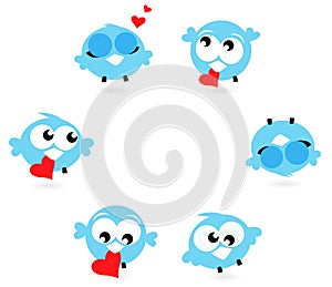 Cute blue twitter birds with red hearts