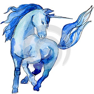 Cute blue unicorn horse isolated. White background illustration set. Fairytale children sweet dream.