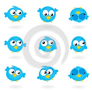 Cute blue vector Twitter Birds icons collection.