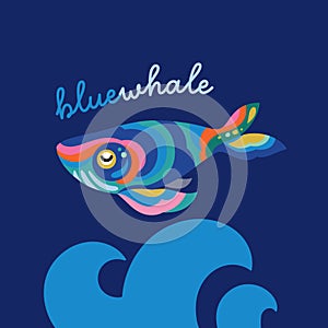 Cute blue whale above the wave, ethnic style logo