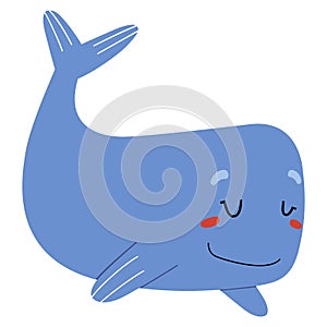 Cute blue whale character, funny ocean animal swimming and smiling