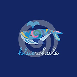 Cute blue whale in ethnic style. Logo design
