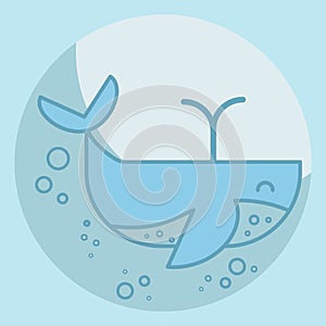 Cute blue whale in the sea with air bubbles. Cartoon whale releases a fountain of water. Big kind mammal smiling