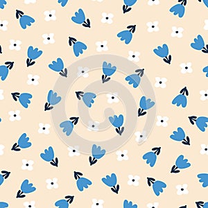 Cute blue and white flowers hand drawn vector illustration. Adorable floral seamless pattern for kids.