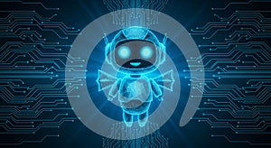 Cute Blue Wireframe Robot with Wings on Circuit Board Background