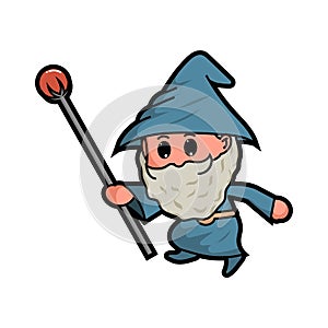 Cute blue wizard and the magic staff