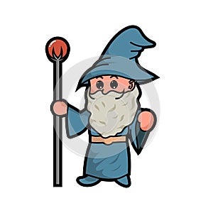 Cute blue wizard and the magic staff