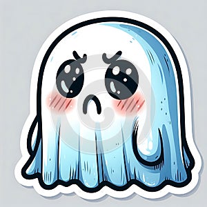 Cute blushing angry cartoon ghost. Blue and white Halloween sticker with white border isolated on white background photo