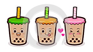 Cute Boba Bubble Milk Tea, Cute Sticker, Kawaii Emoji Set.